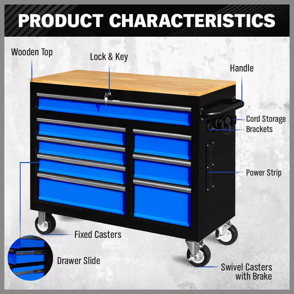 Tool Cabinets & Cupboards Horusdy 42 Inch 8 Drawer Tool Cabinet 1000 Lbs Wood Top Power Strip Casters Blue