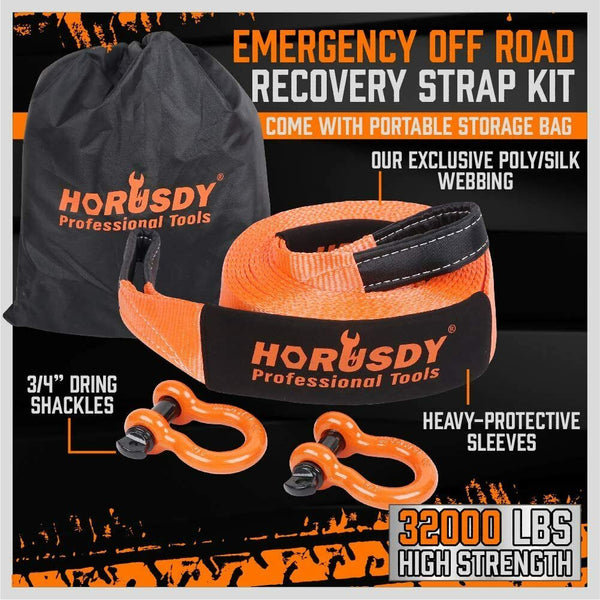 Recovery Tracks Heavy Duty 9.1M Recovery Tow Straps Snatch Kit 32000 Lbs Break Strength With Ring Shackles For Off Roading And Hauling