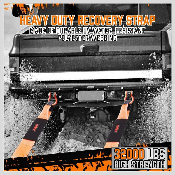 Recovery Tracks Heavy Duty 9.1M Recovery Tow Straps Snatch Kit 32000 Lbs Break Strength With Ring Shackles For Off Roading And Hauling