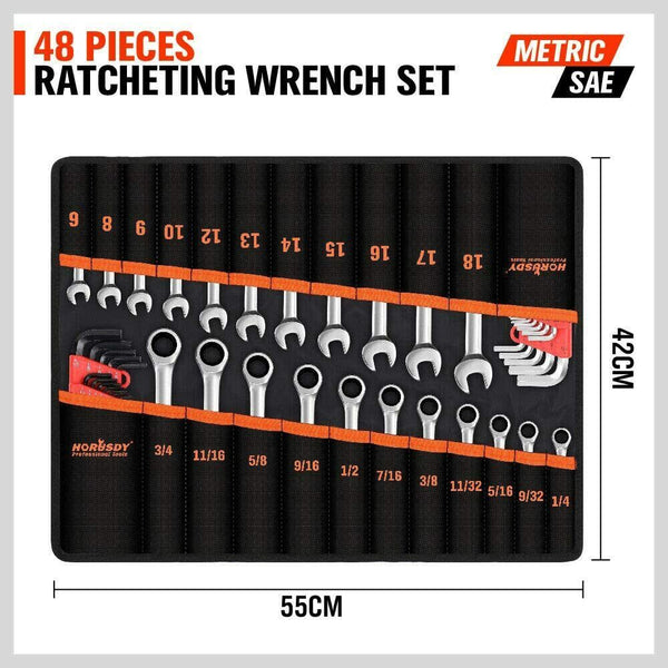 Ratchet Wrenches 48Pc Spanner Set Ratchet Wrench & Hex Key Metric Sae Allen W/T Rolling Pouch