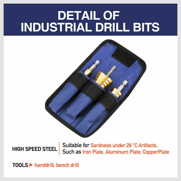 Drill Bits 3Pcs Steel Step Cone Set Drill Titanium Bit Hole Cutter 4 12/20/32Mm Pouch