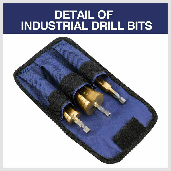 Drill Bits 3Pcs Steel Step Cone Set Drill Titanium Bit Hole Cutter 4 12/20/32Mm Pouch