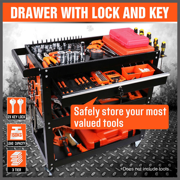 Other Tool Storage 3 Tier Drawer Tool Storage Trolley Workshop Cart Steel Chest W/T Pegboard Hooks