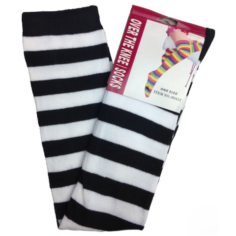 Socks Over The Knee Plain Striped High Thigh Ladies Long Womens Stripey Stocking Black/White