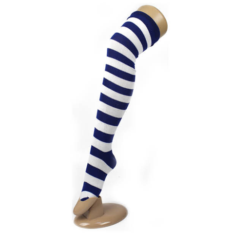 Socks Over The Knee Plain Striped High Thigh Ladies Long Womens Stripey Stocking Blue/White