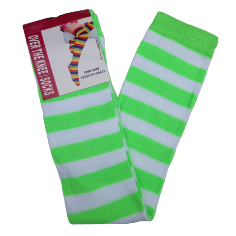 Socks Over The Knee Plain Striped High Thigh Ladies Long Womens Stripey Stocking Green/White