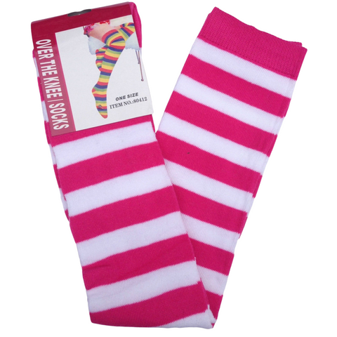 Socks Over The Knee Plain Striped High Thigh Ladies Long Womens Stripey Stocking Pink/White