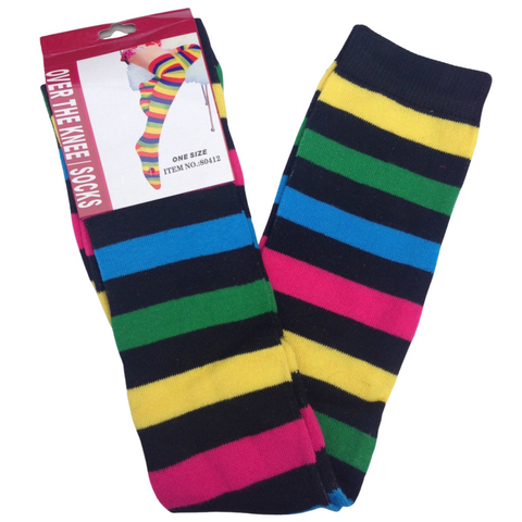 Socks Over The Knee Plain Striped High Thigh Ladies Long Womens Stripey Stocking Rainbow With Black