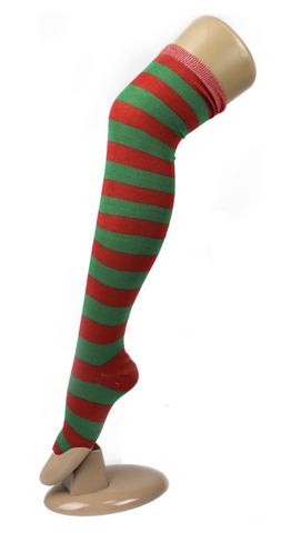 Socks Over The Knee Plain Striped High Thigh Ladies Long Womens Stripey Stocking Red/Green