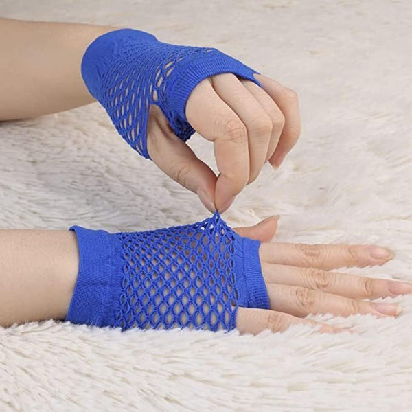 Gloves 1 Pair Fishnet Fingerless Wrist Length 70S 80S Costume Party Dance Blue