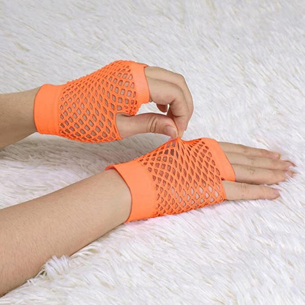 Gloves 1 Pair Fishnet Fingerless Wrist Length 70S 80S Costume Party Orange