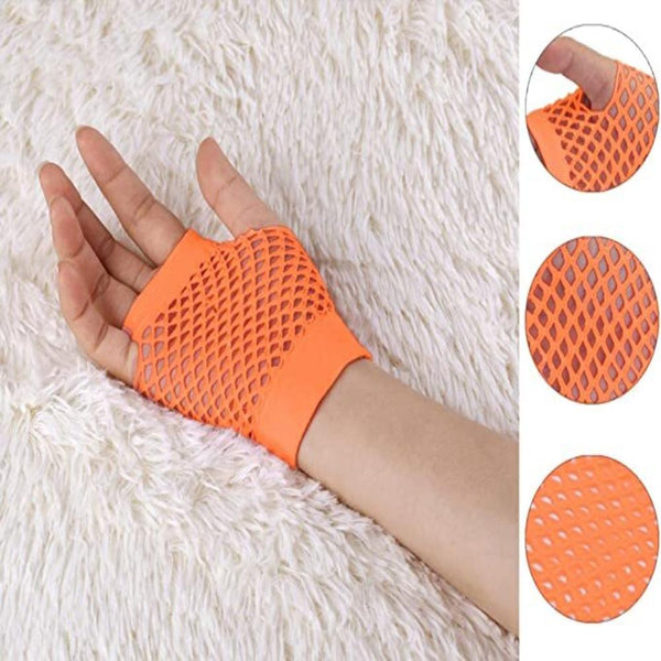 Gloves 1 Pair Fishnet Fingerless Wrist Length 70S 80S Costume Party Orange