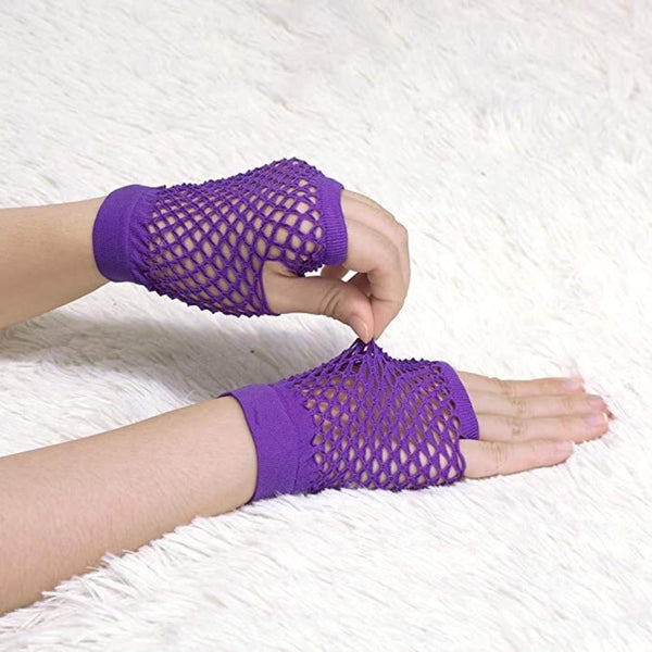 Gloves 1 Pair Fishnet Fingerless Wrist Length 70S 80S Costume Party Purple