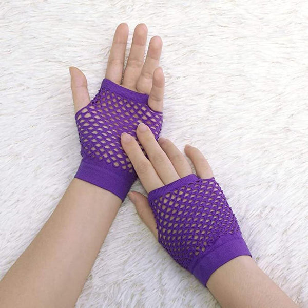 Gloves 1 Pair Fishnet Fingerless Wrist Length 70S 80S Costume Party Purple