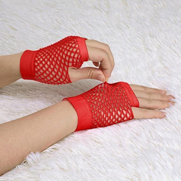 Gloves 1 Pair Fishnet Fingerless Wrist Length 70S 80S Costume Party Dance Red