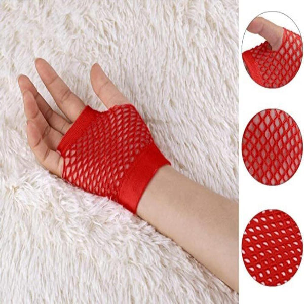 Gloves 1 Pair Fishnet Fingerless Wrist Length 70S 80S Costume Party Dance Red