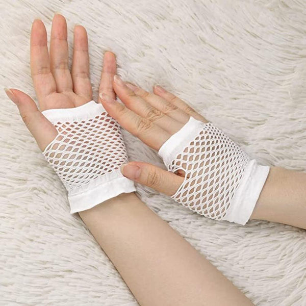 Gloves 1 Pair Fishnet Fingerless Wrist Length 70S 80S Costume Party Dance White