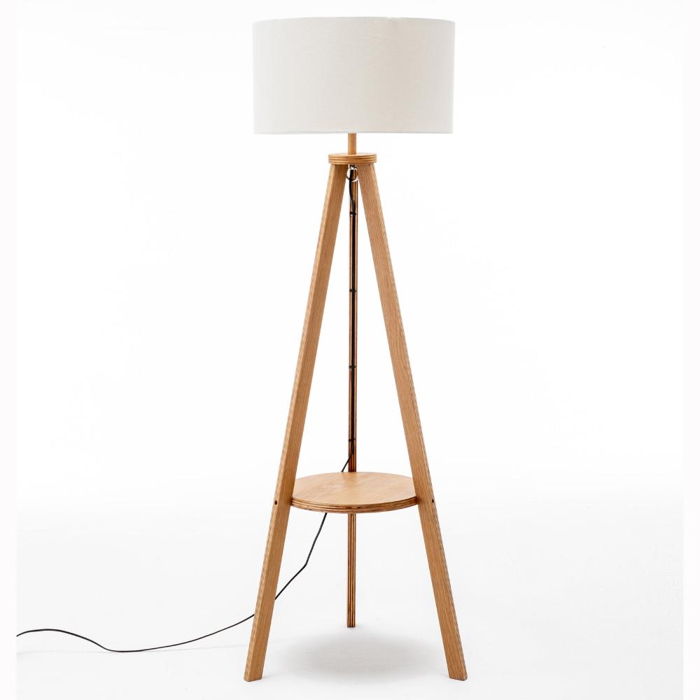 Floor Lamps Natural Wooden Tripod Floor Lamp W/ Round Shelf + Off White Linen Shade