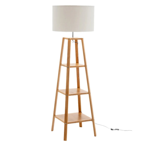 Floor Lamps Eiffel 3 Tier Natural Wood Floor Lamp W/ Storage Shelves + Off White Linen Shade