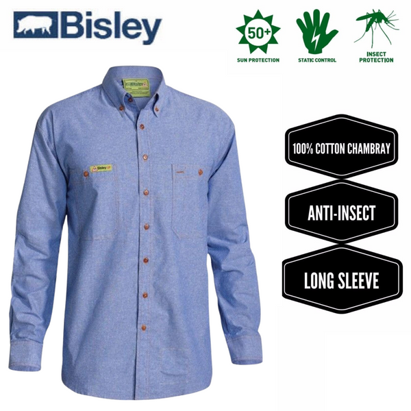 Casual Shirts Bisley Insect Protection Repellent Long Sleeve Casual Shirt Fishing Camping Blue