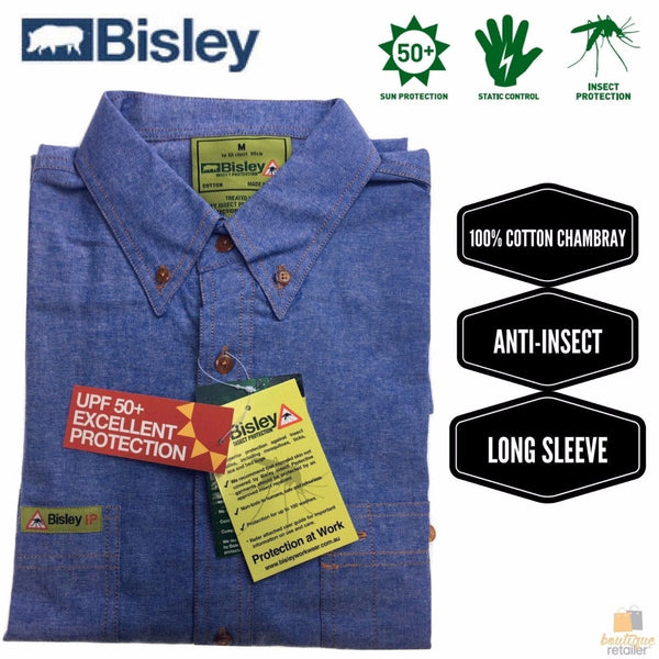 Casual Shirts Bisley Insect Protection Repellent Long Sleeve Casual Shirt Fishing Camping Blue