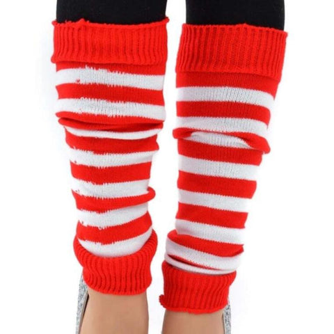 Leg Warmers Pair Of Womens Disco Winter Knit Dance Party Crochet Legging Socks Costume Red/White Stripe