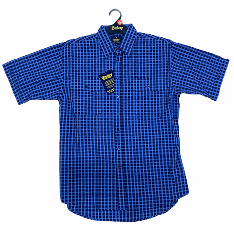 Casual Shirts Bisley Mens Short Sleeve Seersucker Shirt Checkered Cotton Blend Casual Business Work Blue