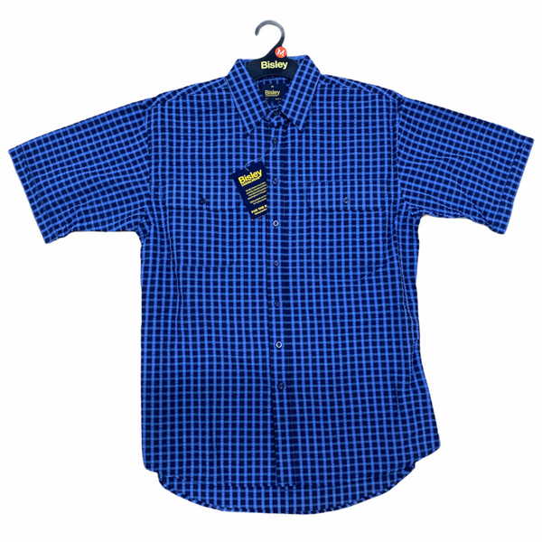 Casual Shirts Bisley Mens Short Sleeve Seersucker Shirt Checkered Cotton Blend Casual Business Work Blue