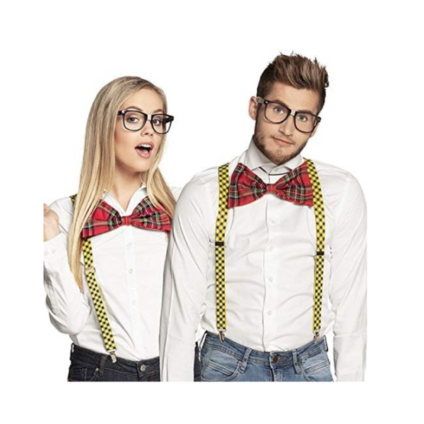 Unisex Costumes Nerd Costume Kit Set Geek Glasses Fancy Dress Retro Funny Braces Bow Tie Party