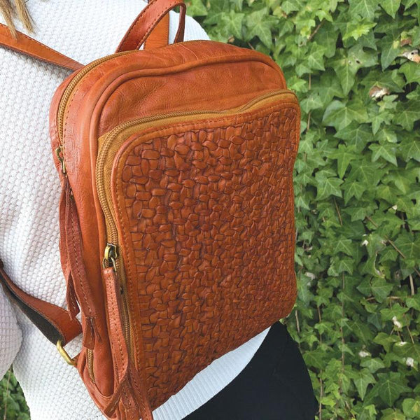 Women Backpacks Pierre Cardin Woven Leather Ladies Backpack Bag Travel Cognac