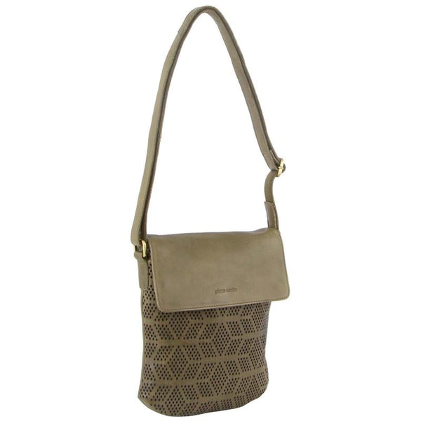 Women's Bags & Handbags Pierre Cardin Leather Perforated Cross Body Bag With Flap Closure Olive