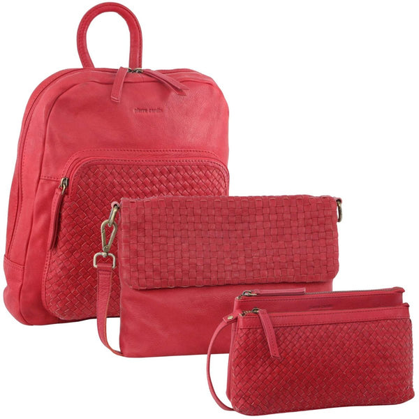 Women's Bags & Handbags 3Pc Set Pierre Cardin Womens Woven Leathercross Body Bags Backpack Red