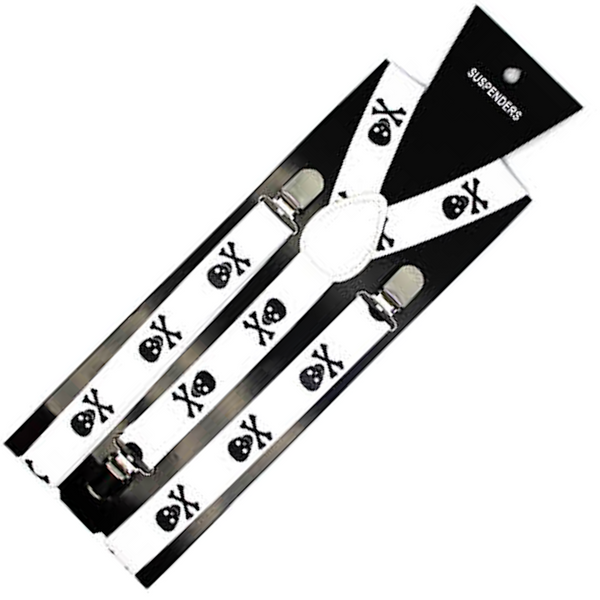 Suspenders/Braces Mens Suspenders Braces Adjustable Strong Clip On Elastic Formal Wedding Slim White With Black Skulls