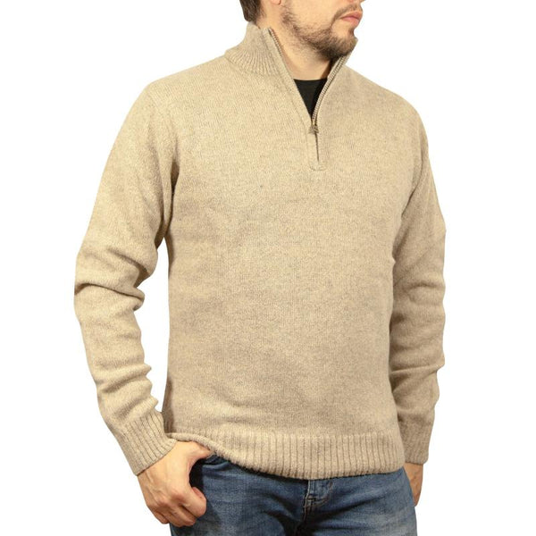 Jumpers 100% Shetland Wool Half Zip Up Knit Jumper Pullover Mens Sweater Knitted Oat Marle (03)