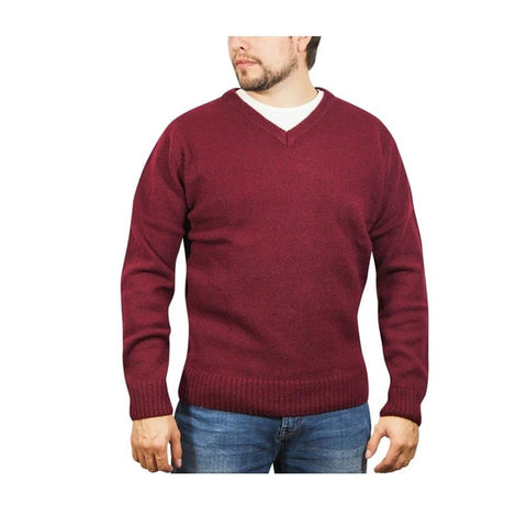 Jumpers 100% Shetland Wool V Neck Knit Jumper Pullover Mens Sweater Knitted Burgundy (97)