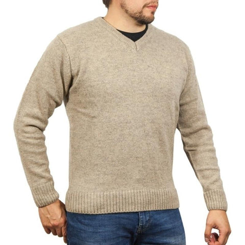 Jumpers 100% Shetland Wool V Neck Knit Jumper Pullover Mens Sweater Knitted Oat Marle (03)