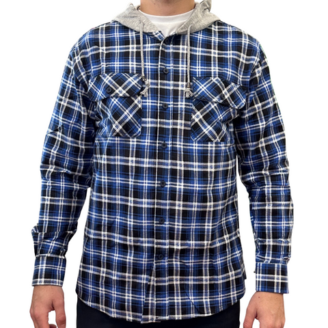 Casual Shirts Mens Cotton Flannelette Shirt W Jersey Hood Long Sleeve Denim 2Xl