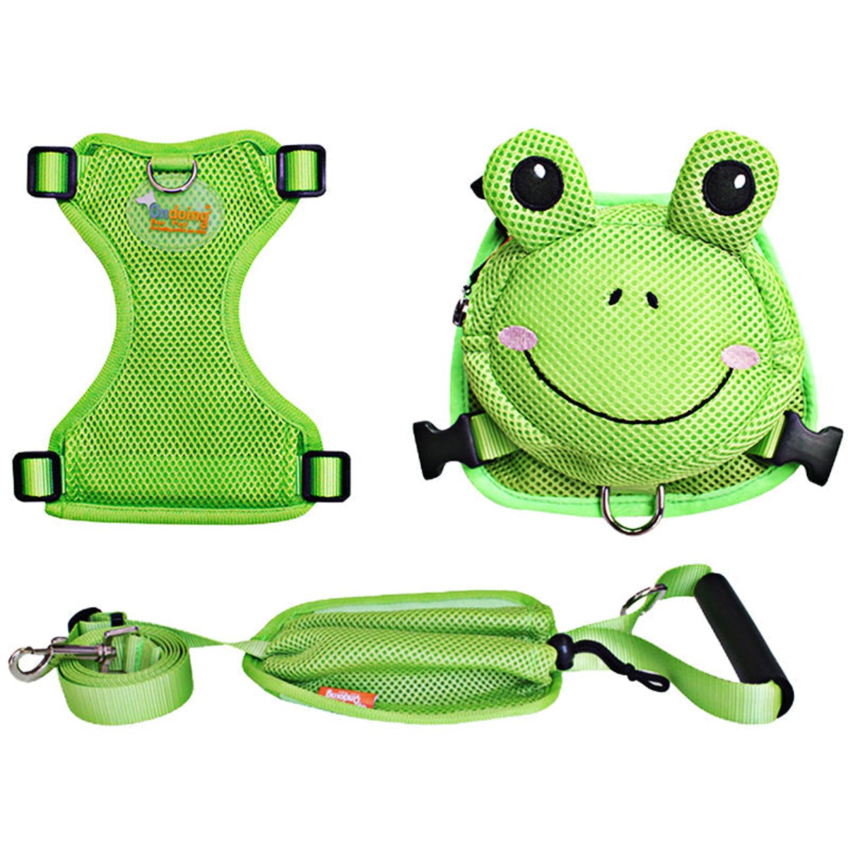 Harnesses Ondoing Pet Saddle Bag Dog Harness Backpack Hiking Traveling Outdoor Bags Cute Costume (Green Frog With Leash Set)M