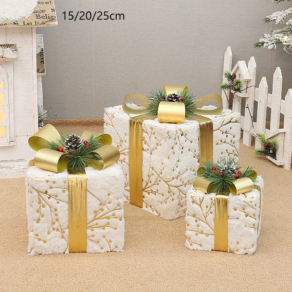 Gift Boxes Set Of 3 Elegant Christmas With Gold Ribbon & Pine Accentswithout Lights Perfect Indoor Holiday Decoration (15/20/25Cm)