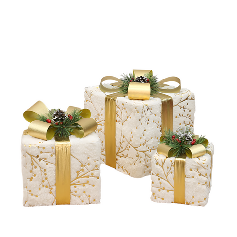 Gift Boxes Set Of 3 Elegant Christmas With Gold Ribbon & Pine Accentswithout Lights Perfect Indoor Holiday Decoration (15/20/25Cm)