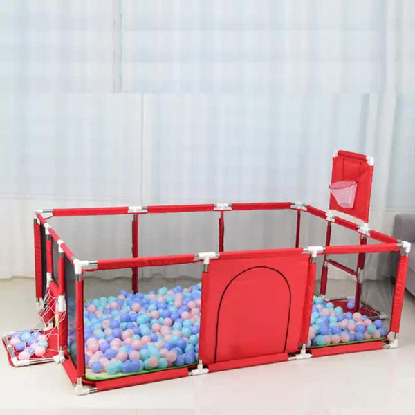 Baby Playpens Large Kids Playpen With Basketball Hoop & Soccer Goal 74X50 Inches Baby Safety Activity Center Indoor Outdoor Yard (Red)