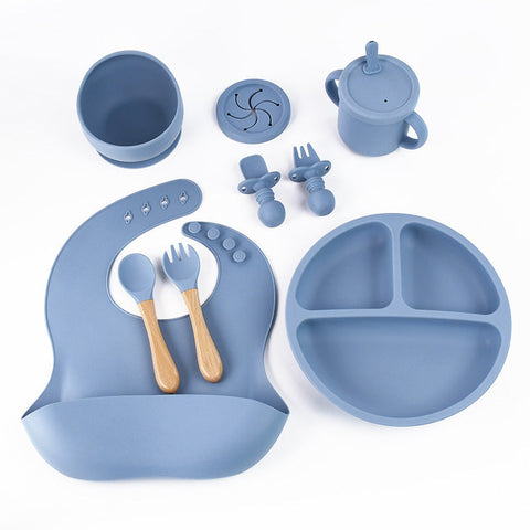 Baby Utensils Blue 8 Piece Silicone Children's Tableware Set Bpa Free Baby Feeding Utensils With Wooden Fork And Spoon Cup Bowl Bibs