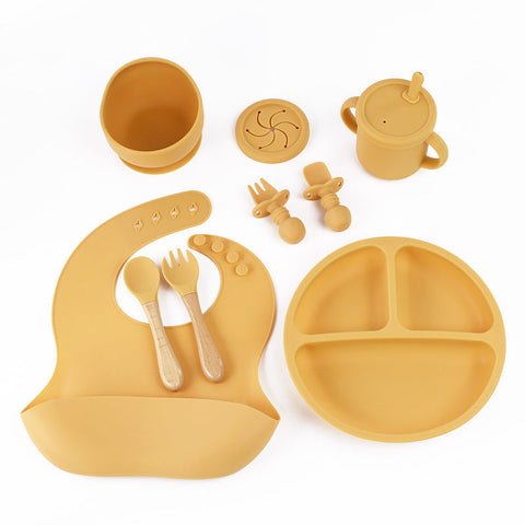 Baby Utensils Yellow 8 Piece Silicone Children's Tableware Set Bpa Free Baby Feeding Utensils With Wooden Fork And Spoon Cup Bowl Bibs