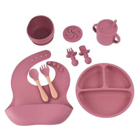 Baby Utensils Rose Red 8 Piece Silicone Children's Tableware Set Bpa Free Baby Feeding Utensils With Wooden Fork And Spoon Cup Bowl Bibs