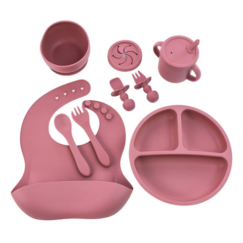 Baby Utensils Rose Red 8 Piece Silicone Children's Tableware Set Bpa Free Baby Feeding Utensils With Fork Spoon Cup Bowl And Bibs