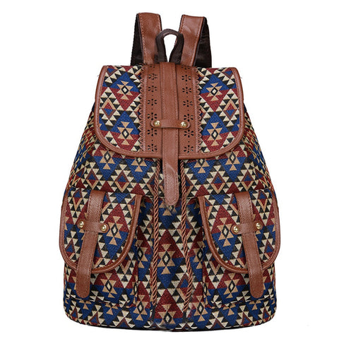 Women Backpacks Lozenge Pattern Bohemian Style Canvas Backpack Vintage Tribal Travel Bag With Leather Straps