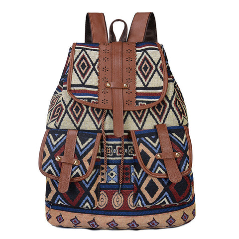 Women Backpacks Circular Pattern Bohemian Style Canvas Backpack Vintage Tribal Travel Bag With Leather Straps