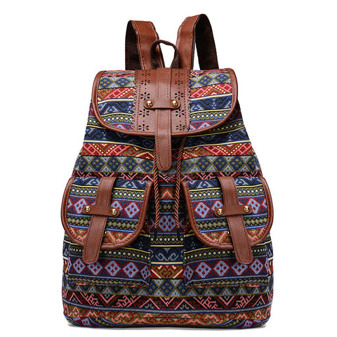 Women Backpacks Diamond Pattern Bohemian Style Canvas Backpack Vintage Tribal Travel Bag With Leather Straps