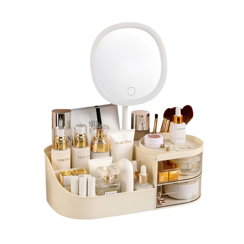 Makeup Bags & Cases Cosmetic Storage Box Contains Mirror Ivory White (33.5X19x12cm)