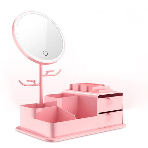 Makeup Mirrors Pink Led Vanity Mirror With Storage Rotating Makeup Usb Rechargeable Desktop Organiser